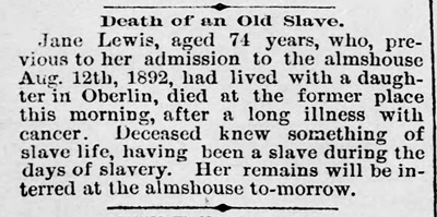 Death notice of Jane Lewis, Harrisburg, PA 1892.